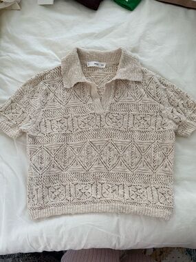 Mango Open-Knit Polo Sweater in Cream